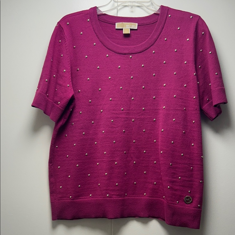 Michael Kors Fuchsia Short Sleeve Pearl-Studded Knit Top